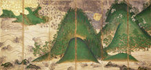 重要文化財　日月山水図屏風（右隻） <br>金剛寺蔵　室町時代　16世紀
